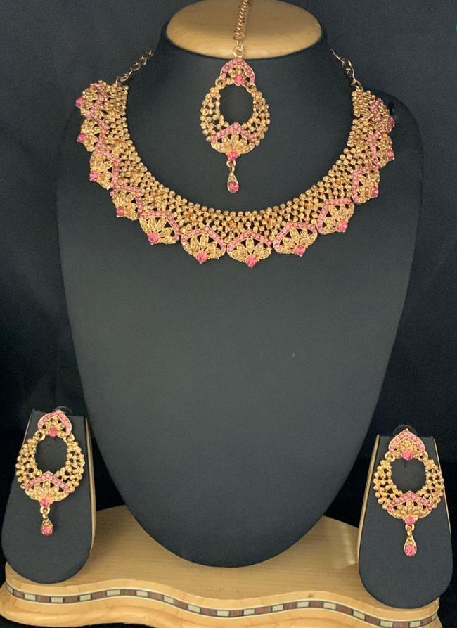 Light Pink And Golden Necklace Set In Stone Studed